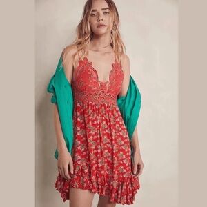 Free People Adella Floral Red Slip Dress XS NWT